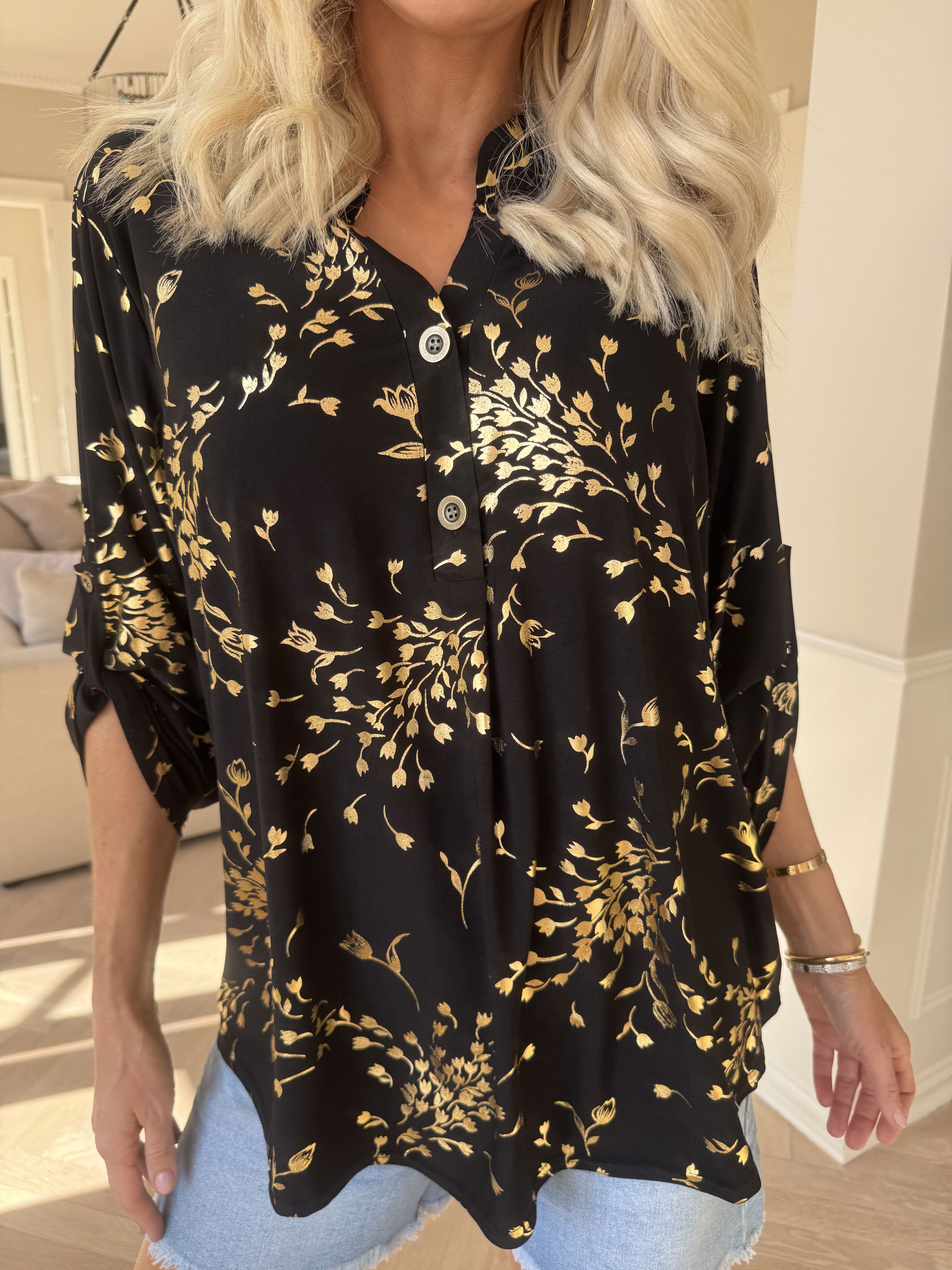 Ebba Gold Leaf Shirt - Elastisk bluse mønstret med guld blade